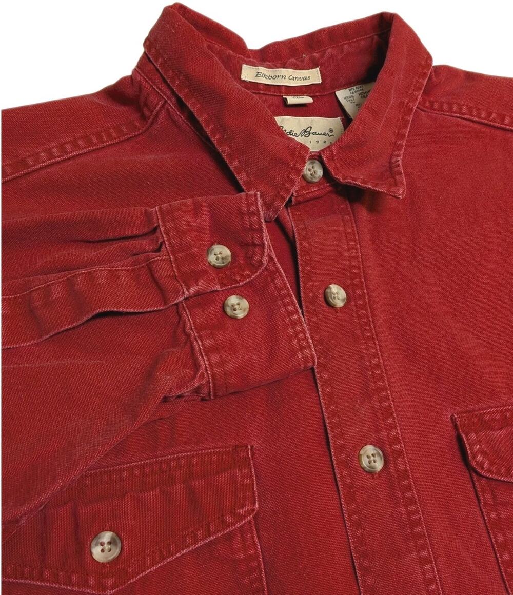 Vintage Eddie Bauer Cotton Twill Work Shirt Mens XL Tall Red Made in USA